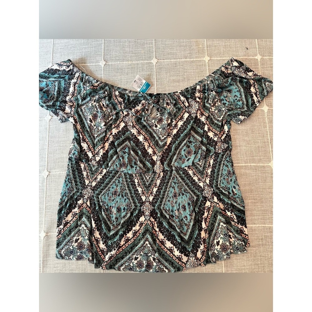 rue+ NWT Off Shoulder Top Womens 4X Blue Paisley Boho Smocked S15036XB